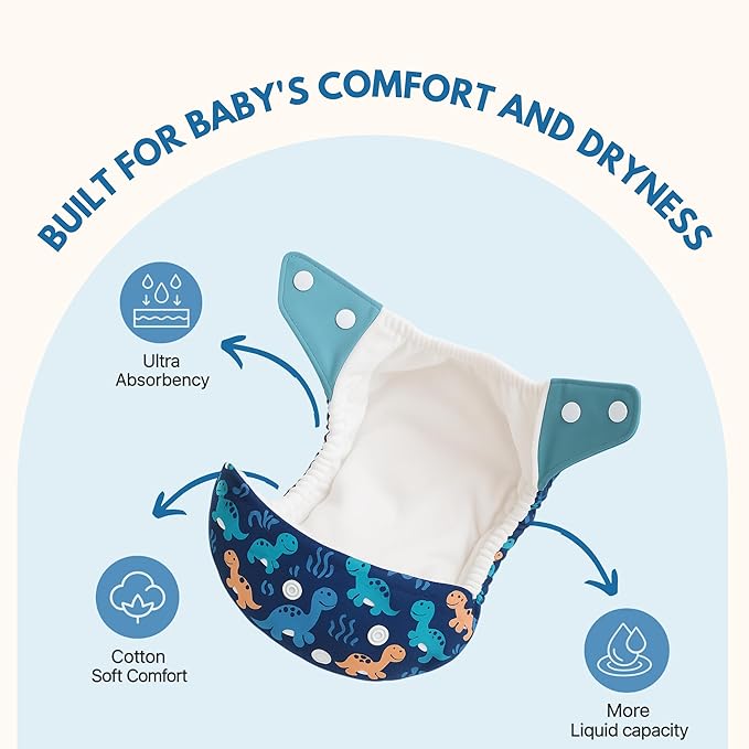 Printed Reusable Cloth Diapers for Babies | Adjustable | 4 Diapers + Inserts