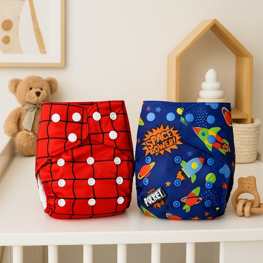 Premium Printed Reusable Baby Cloth Diaper with Built-In Insert - Pack of 2