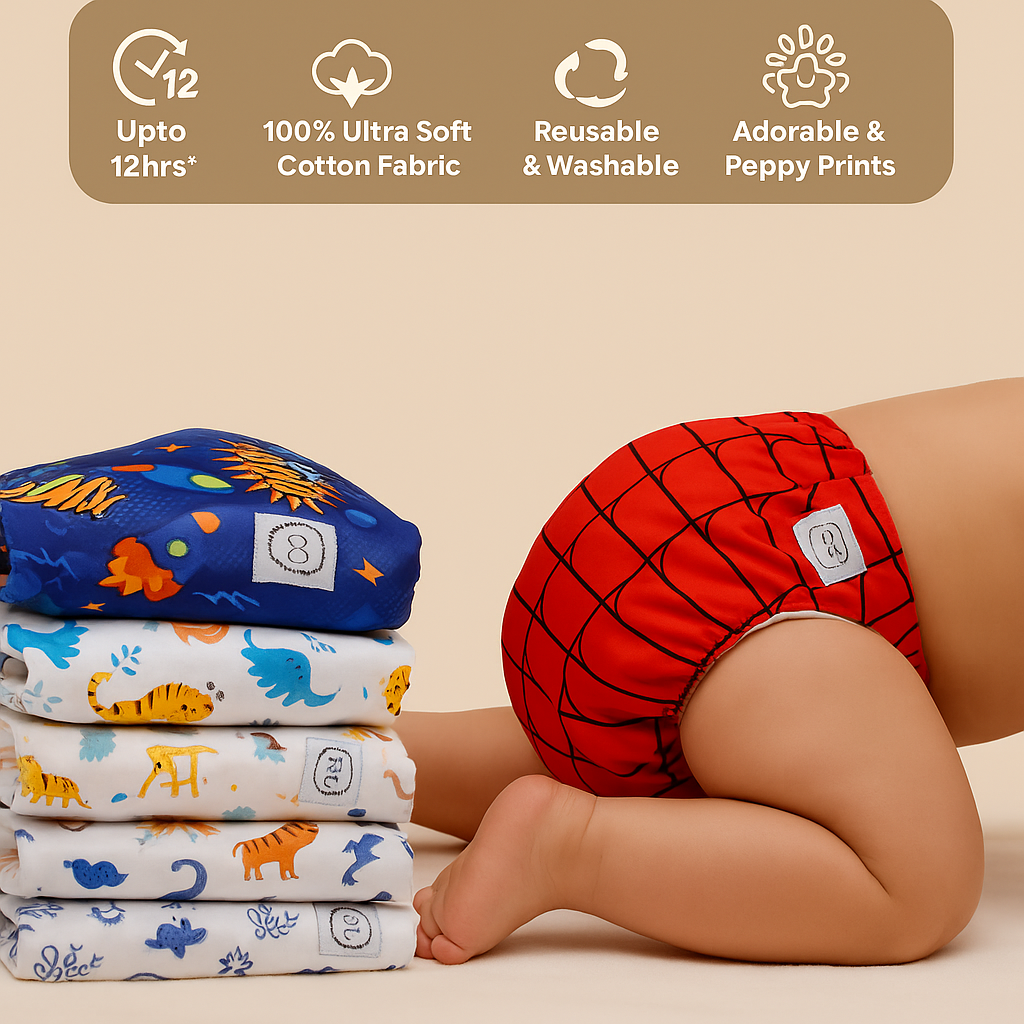 Premium Printed Reusable Baby Cloth Diaper with Built-In Insert - Pack of 2