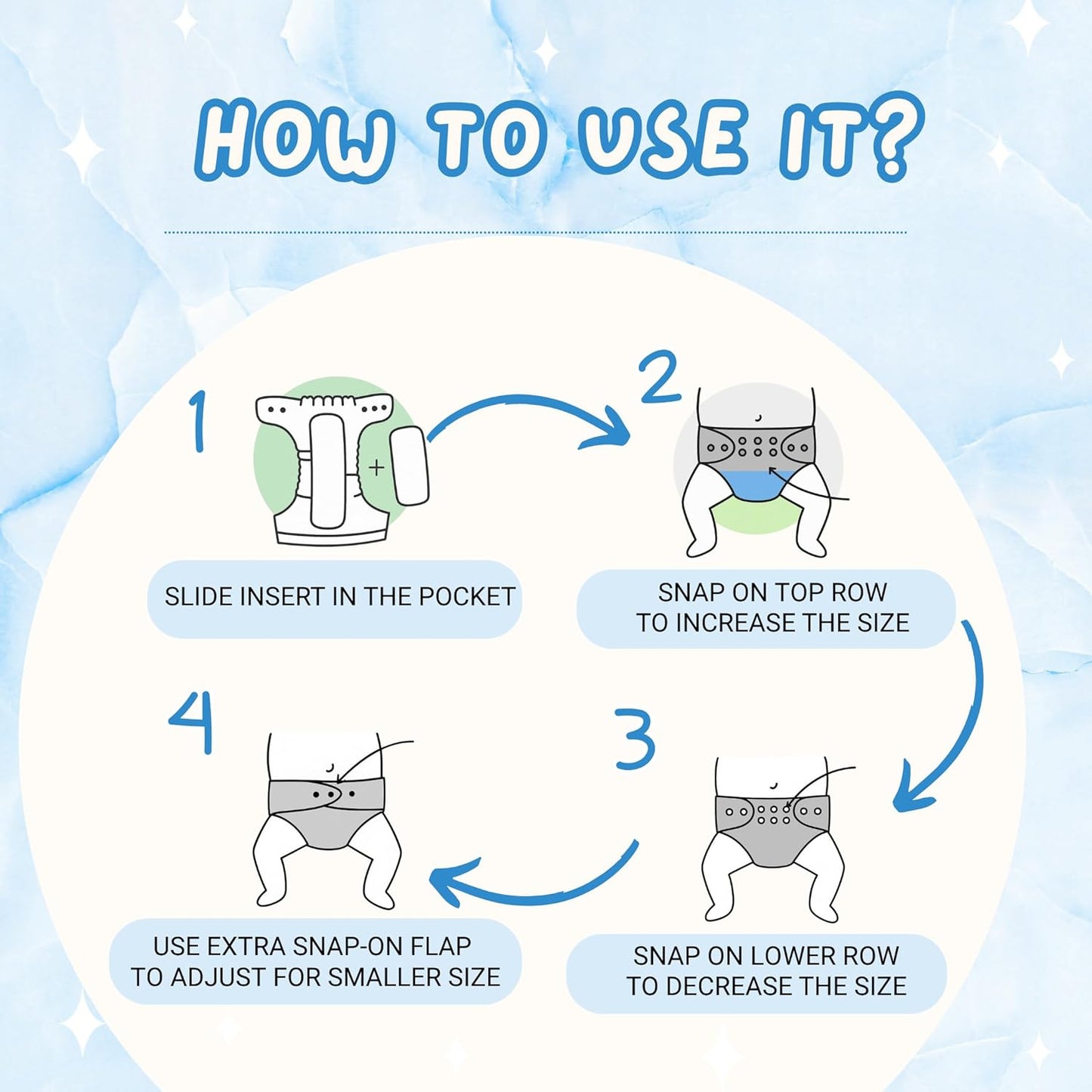 Printed Reusable Cloth Diapers for Babies | Adjustable | 4 Diapers + Inserts