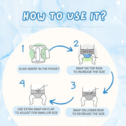 Printed Reusable Cloth Diapers for Babies | Adjustable | 4 Diapers + Inserts