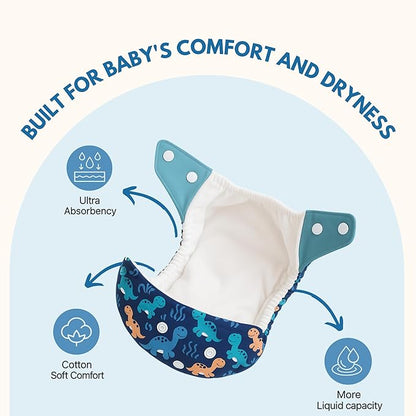 Printed Reusable Cloth Diapers for Babies | Adjustable | 4 Diapers + Inserts