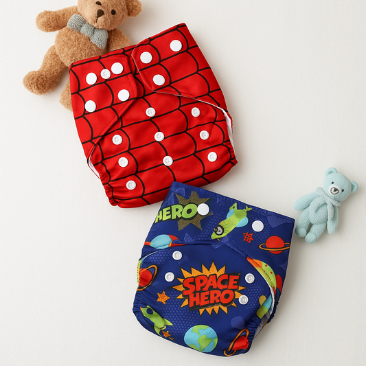 Premium Printed Reusable Baby Cloth Diaper with Built-In Insert - Pack of 2