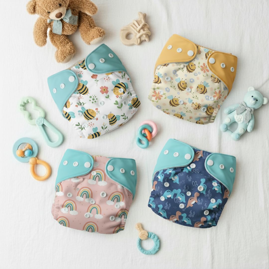 Printed Reusable Cloth Diapers for Babies | Adjustable | 4 Diapers + Inserts